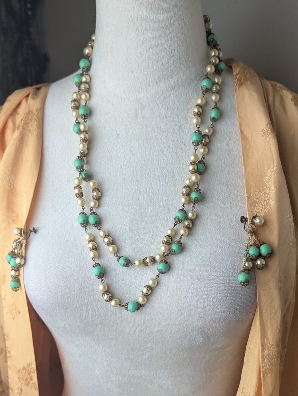 Vintage Seafoam Green Bead Glass Pearl Filigree Necklace & Screw Back Earrings